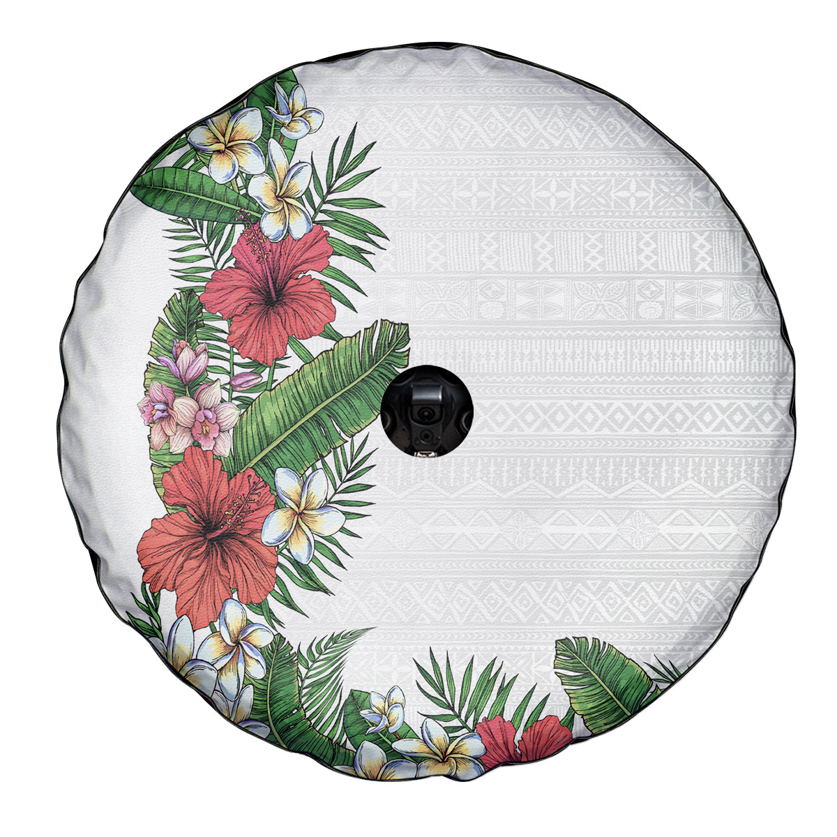 Hawaii Tropical Flowers and Leaves Spare Tire Cover Tapa Pattern White Mode LT03 - Polynesian Pride