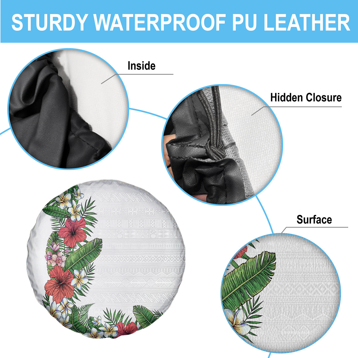 Hawaii Tropical Flowers and Leaves Spare Tire Cover Tapa Pattern White Mode LT03 - Polynesian Pride