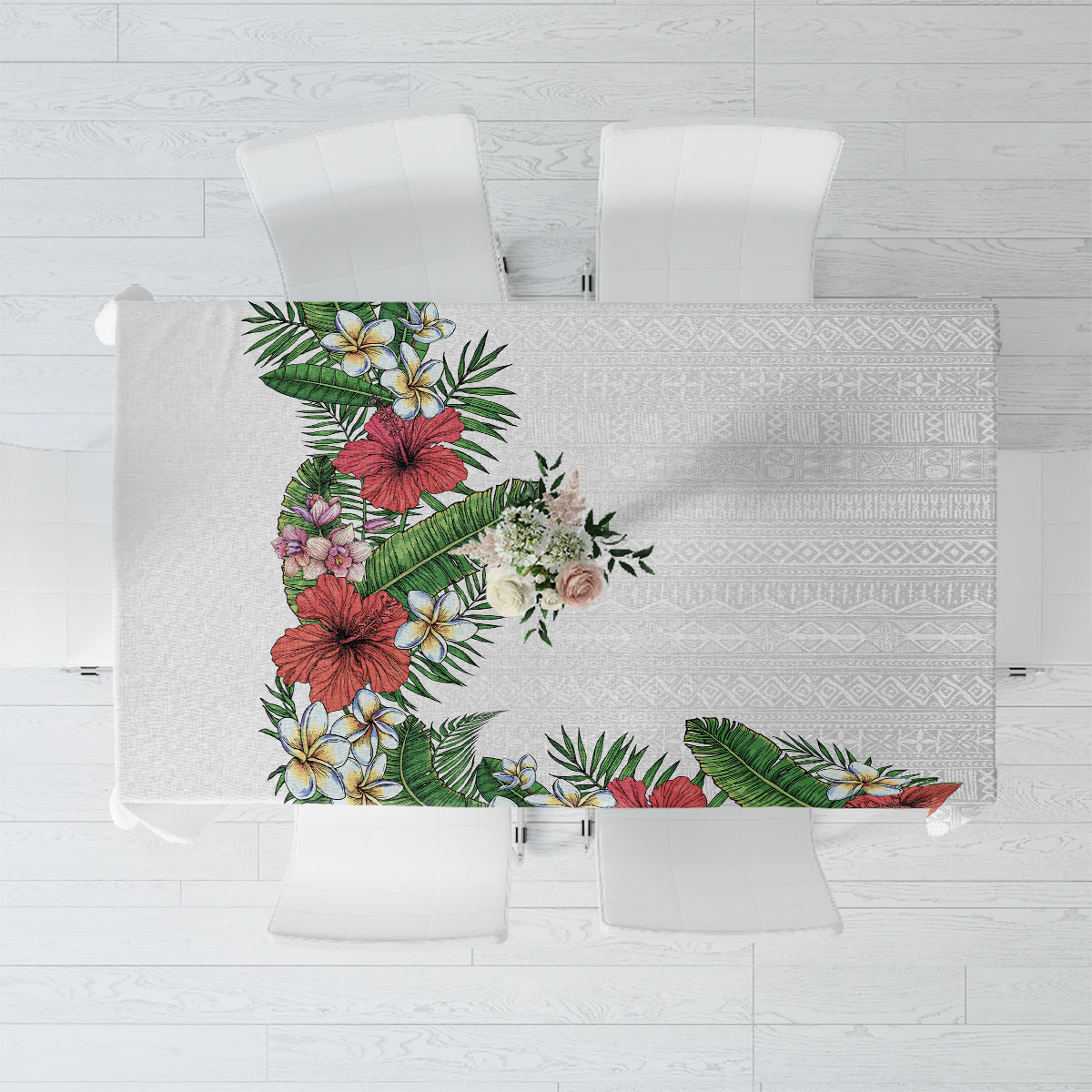 Hawaii Tropical Flowers and Leaves Tablecloth Tapa Pattern White Mode LT03 White - Polynesian Pride