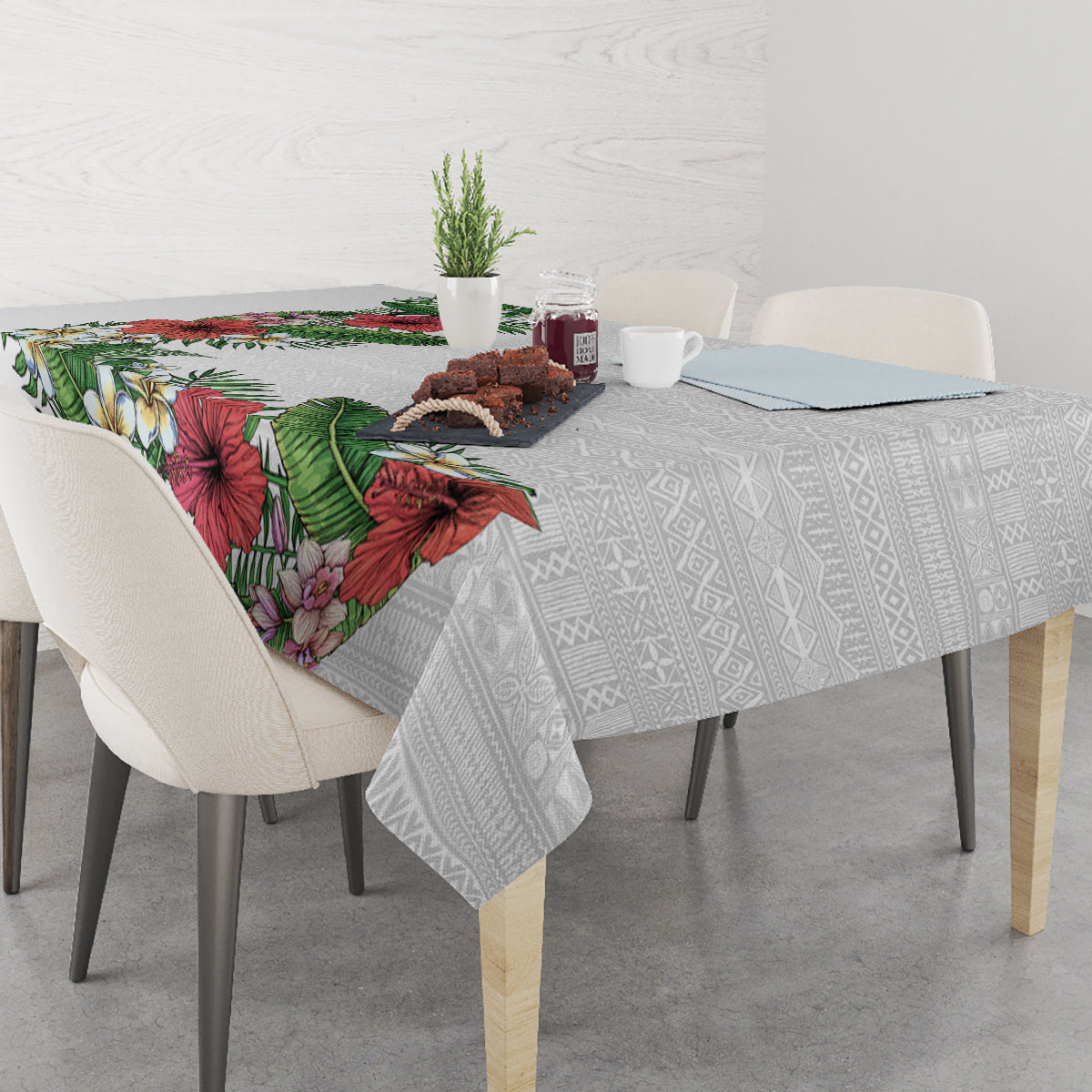 Hawaii Tropical Flowers and Leaves Tablecloth Tapa Pattern White Mode LT03 - Polynesian Pride