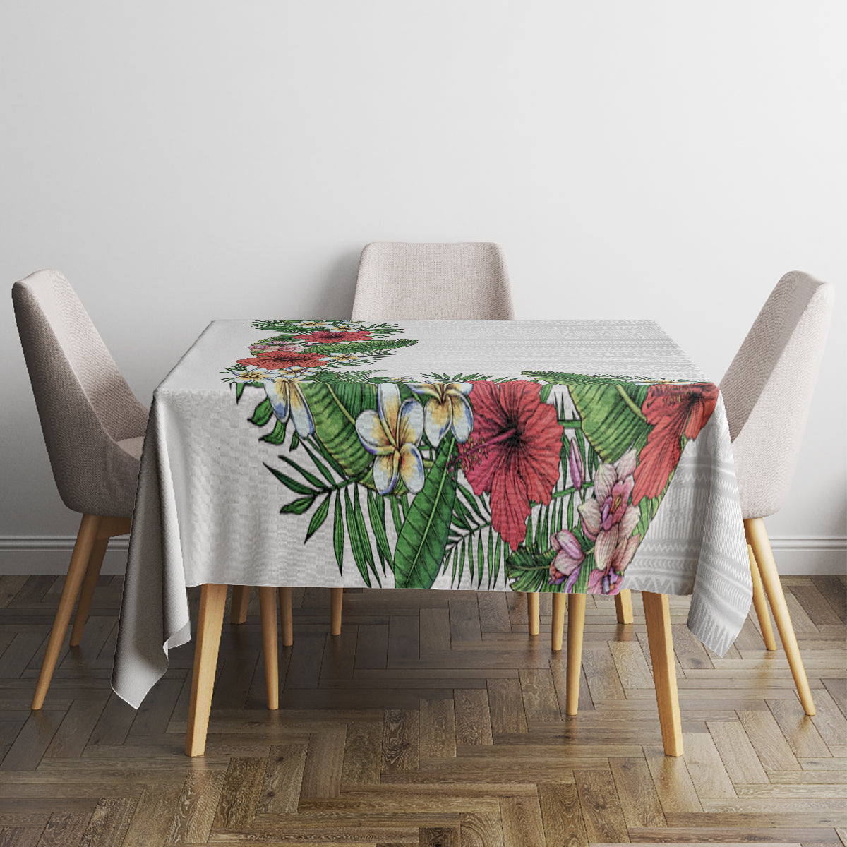Hawaii Tropical Flowers and Leaves Tablecloth Tapa Pattern White Mode LT03 - Polynesian Pride