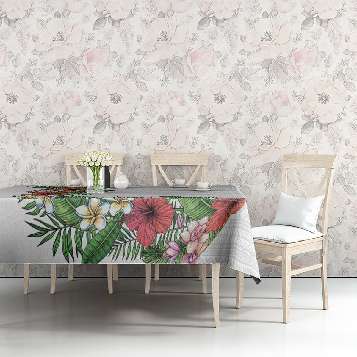 Hawaii Tropical Flowers and Leaves Tablecloth Tapa Pattern White Mode LT03 - Polynesian Pride