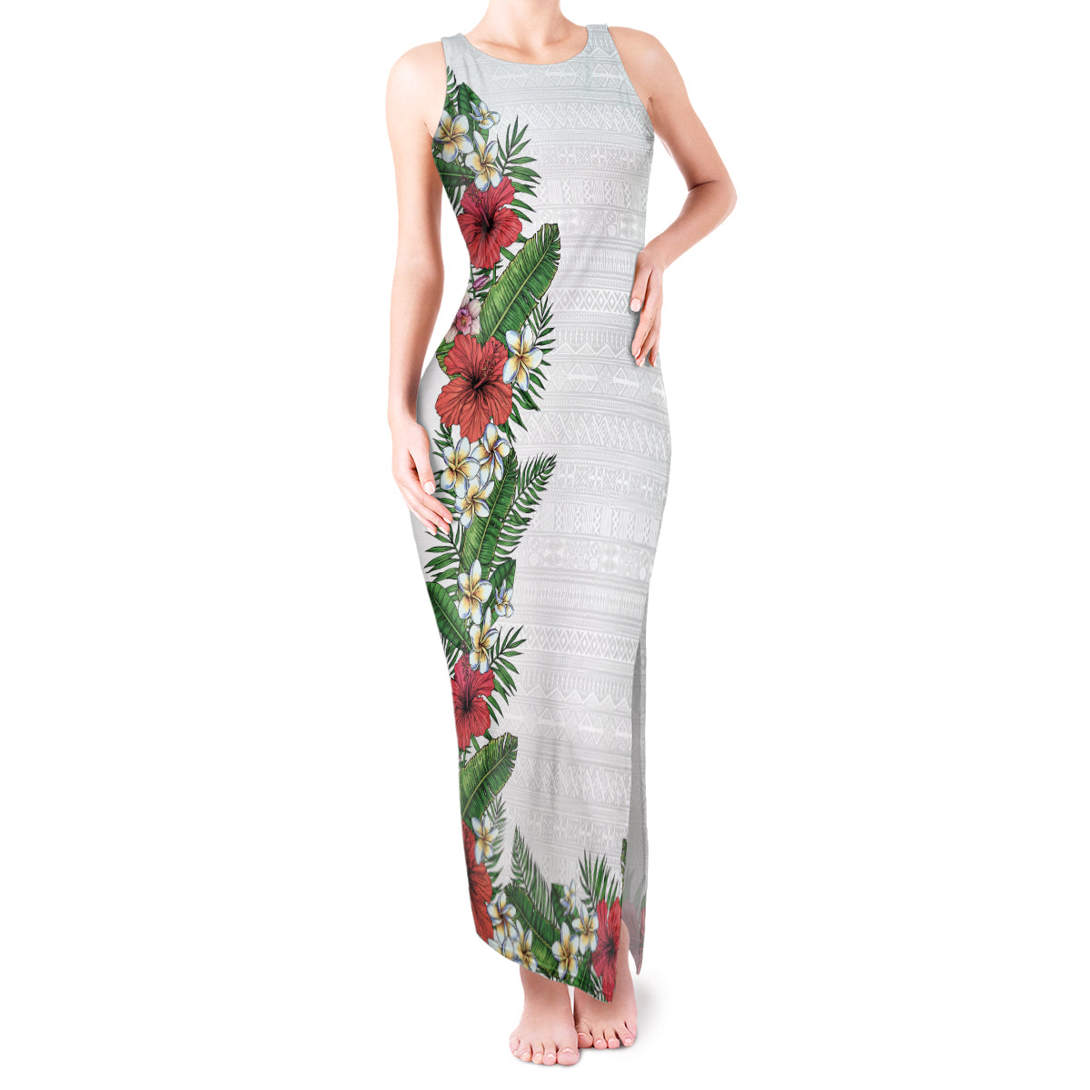 Hawaii Tropical Flowers and Leaves Tank Maxi Dress Tapa Pattern White Mode