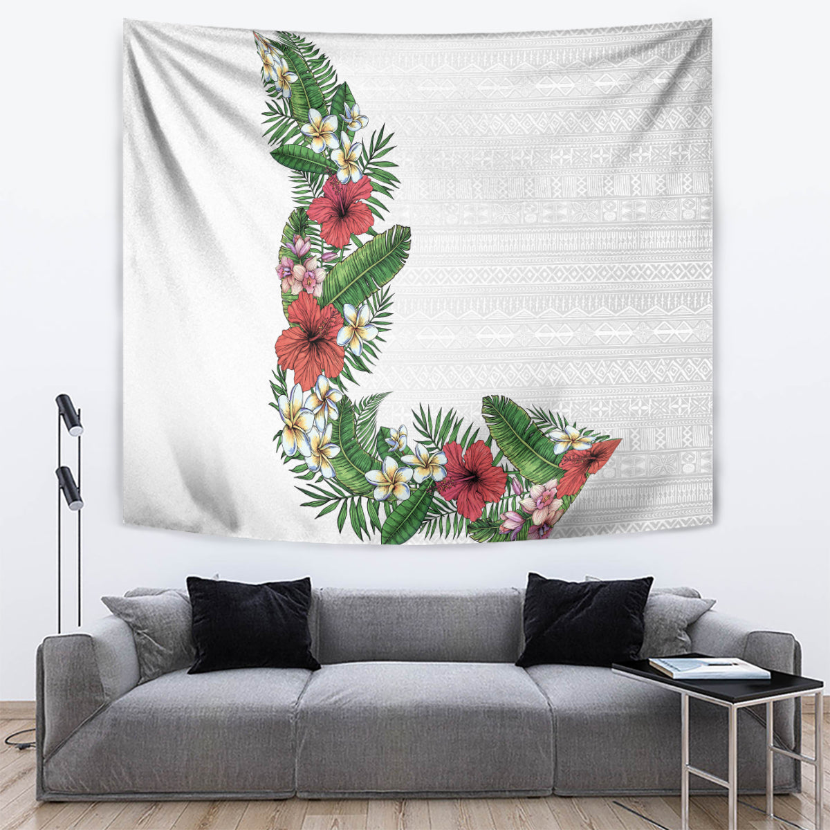 Hawaii Tropical Flowers and Leaves Tapestry Tapa Pattern White Mode