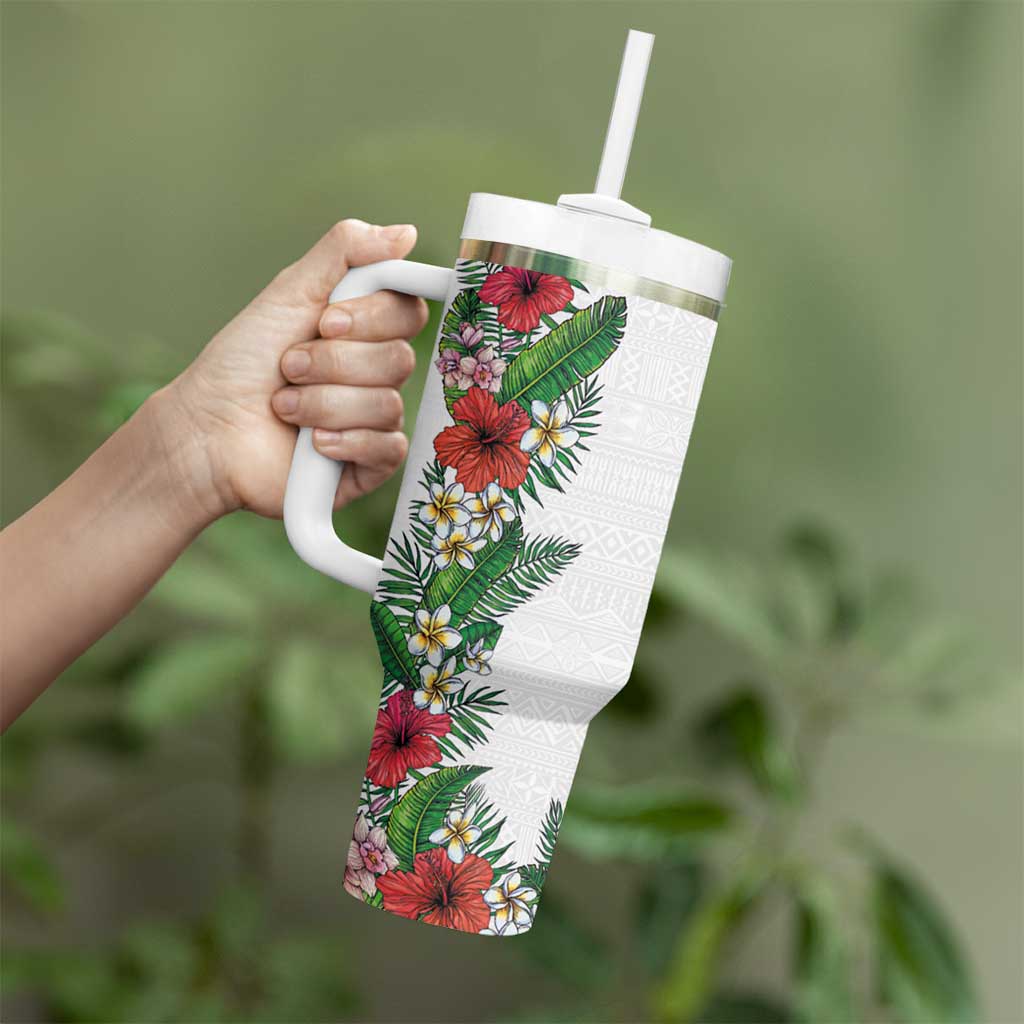 Hawaii Tropical Flowers and Leaves Tumbler With Handle Tapa Pattern White Mode