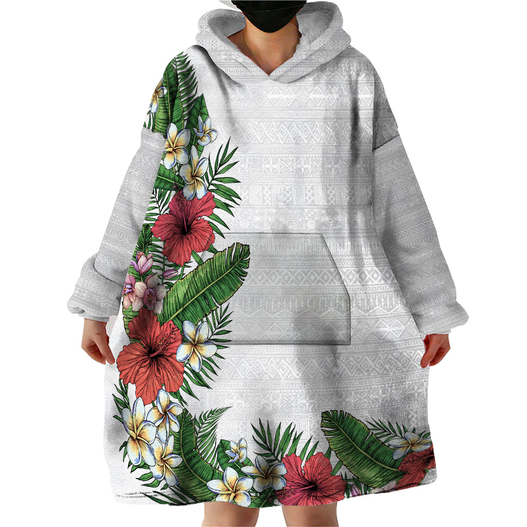 Hawaii Tropical Flowers and Leaves Wearable Blanket Hoodie Tapa Pattern White Mode LT03 - Polynesian Pride