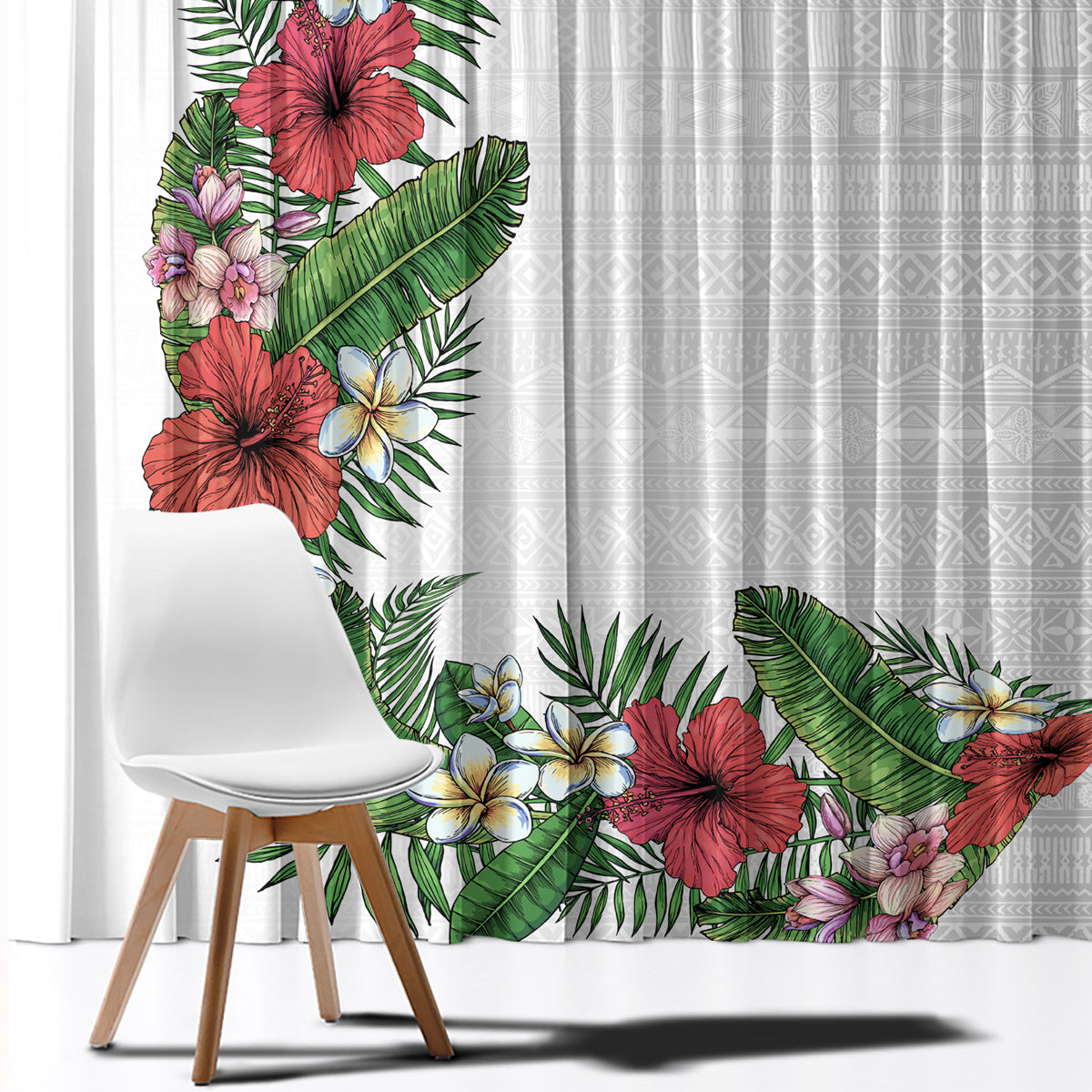 Hawaii Tropical Flowers and Leaves Window Curtain Tapa Pattern White Mode LT03 - Polynesian Pride