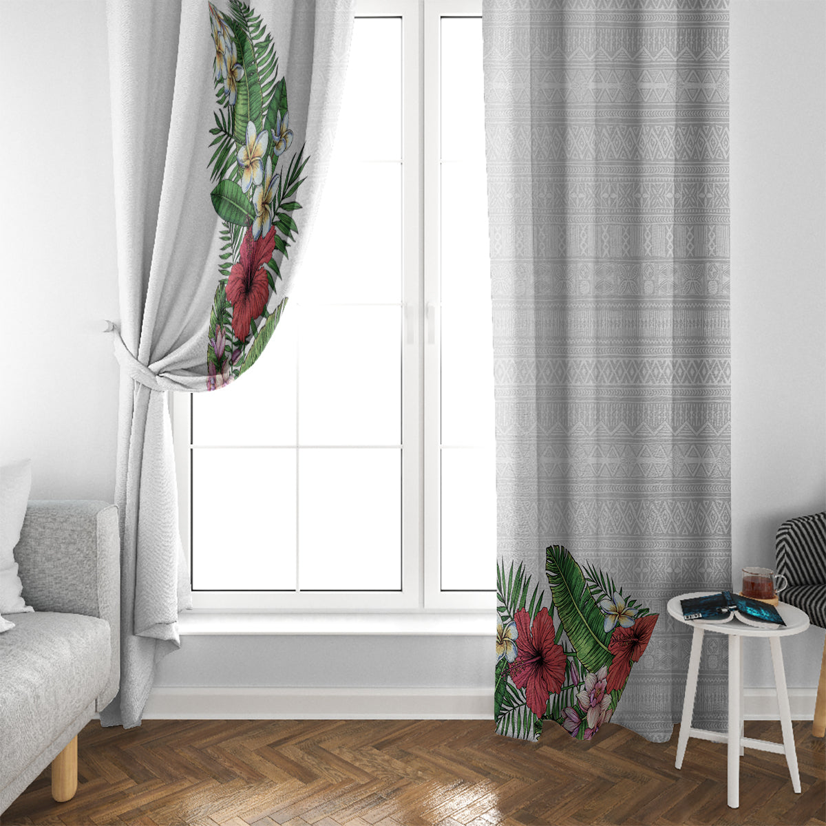 Hawaii Tropical Flowers and Leaves Window Curtain Tapa Pattern White Mode LT03 - Polynesian Pride