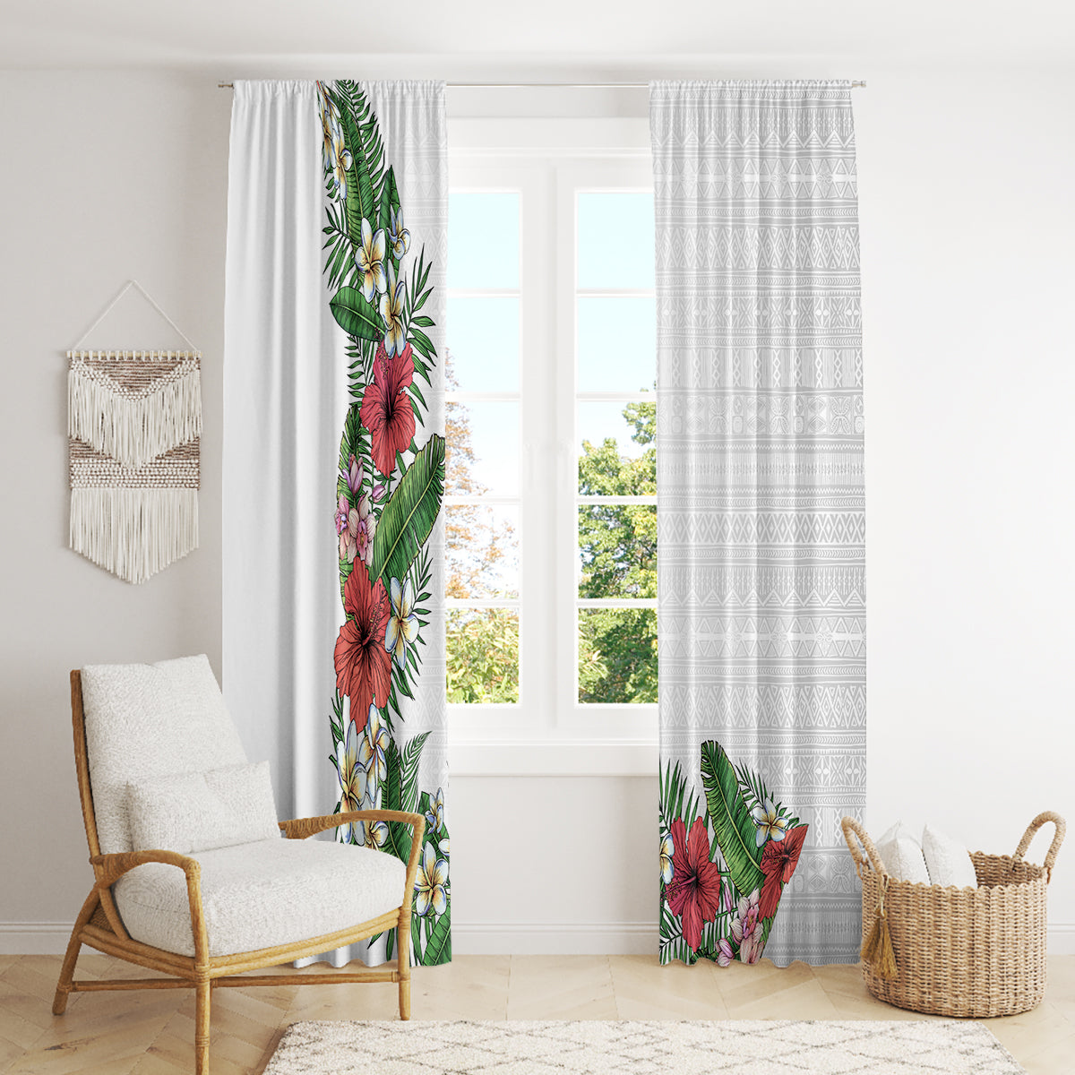 Hawaii Tropical Flowers and Leaves Window Curtain Tapa Pattern White Mode LT03 - Polynesian Pride