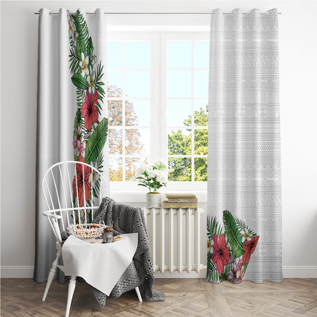 Hawaii Tropical Flowers and Leaves Window Curtain Tapa Pattern White Mode LT03 - Polynesian Pride