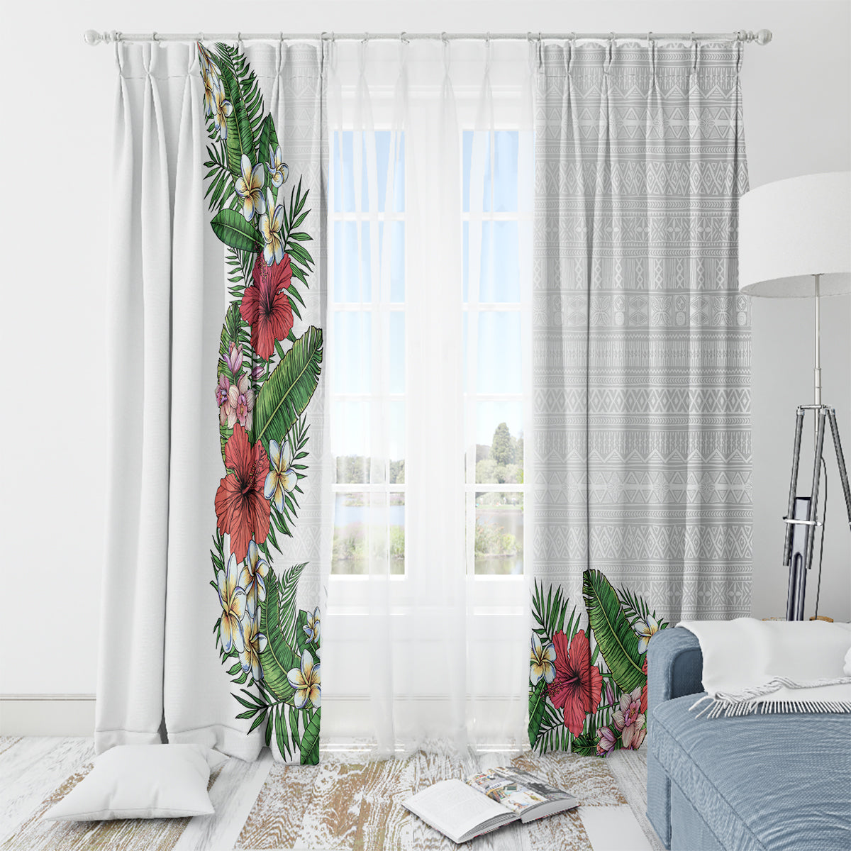 Hawaii Tropical Flowers and Leaves Window Curtain Tapa Pattern White Mode LT03 - Polynesian Pride