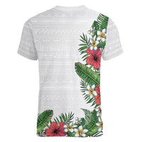 Hawaii Tropical Flowers and Leaves Women V-Neck T-Shirt Tapa Pattern White Mode