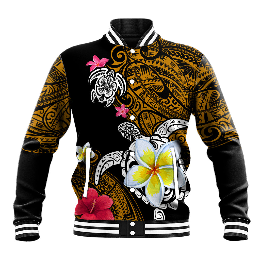 Hawaii Turtle and Tropical Flower Baseball Jacket Polynesian Pattern LT03 Unisex Black - Polynesian Pride