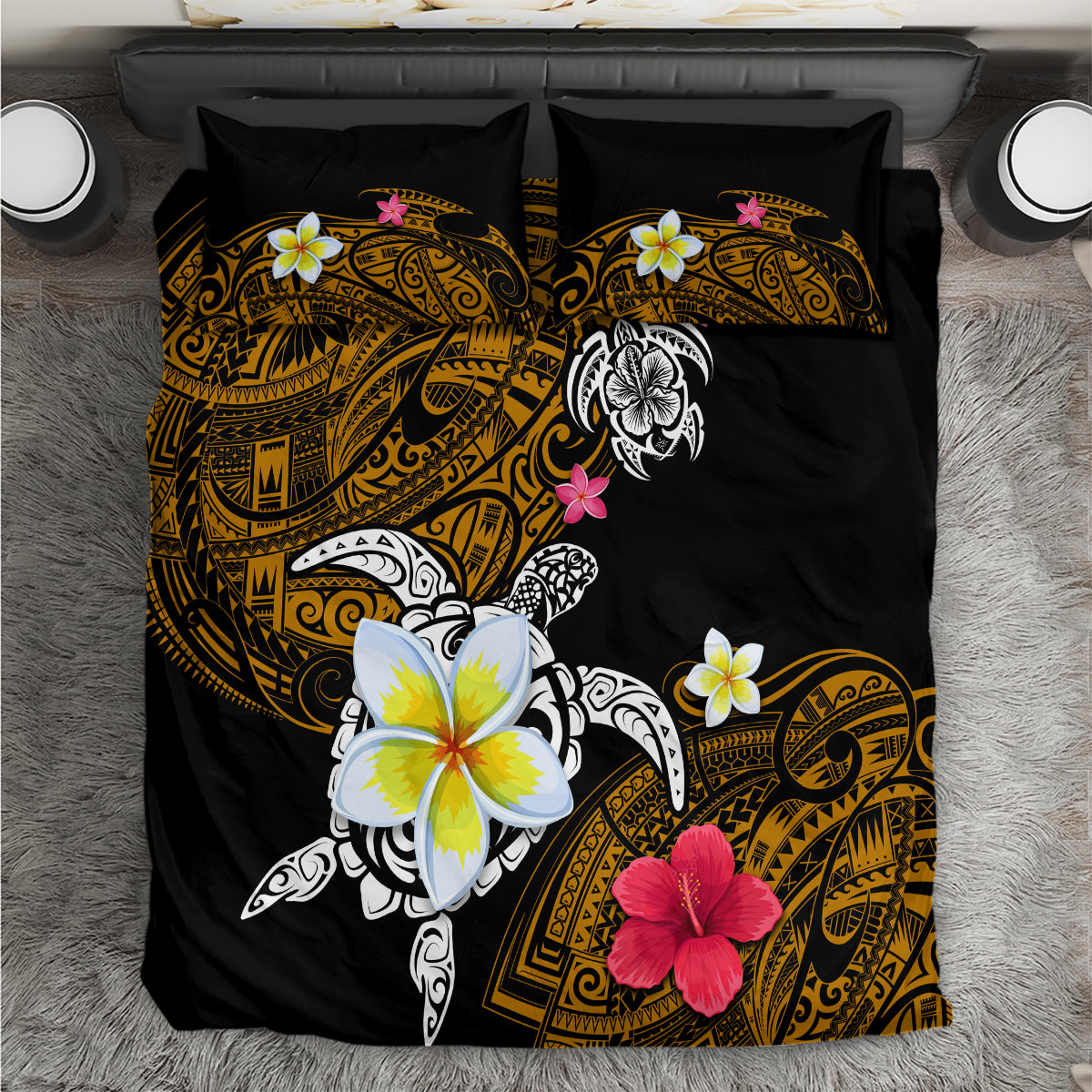Hawaii Turtle and Tropical Flower Bedding Set Polynesian Pattern LT03 Black - Polynesian Pride