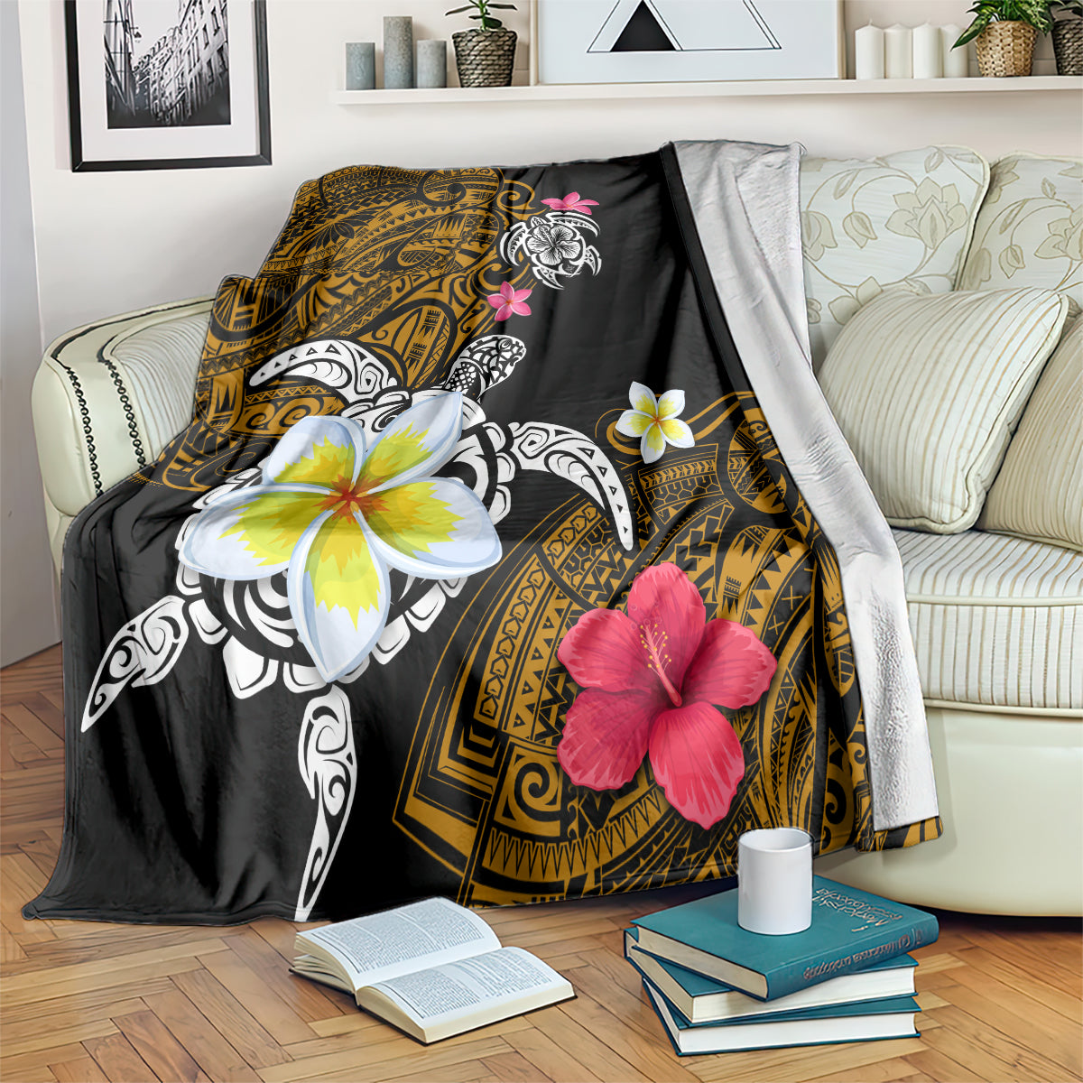 Hawaii Turtle and Tropical Flower Blanket Polynesian Pattern