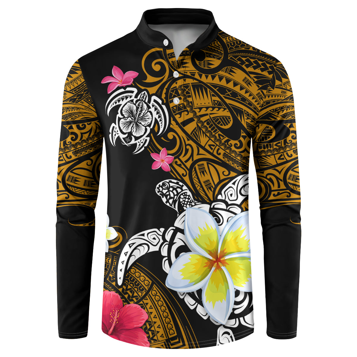 Hawaii Turtle and Tropical Flower Button Sweatshirt Polynesian Pattern LT03 Black - Polynesian Pride