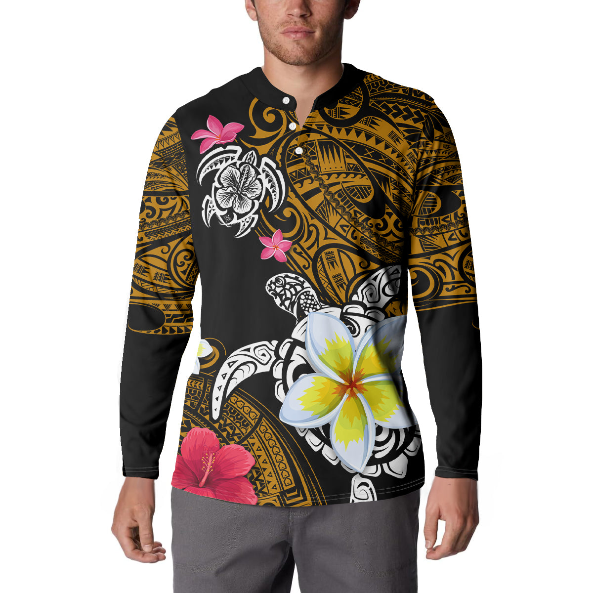 Hawaii Turtle and Tropical Flower Button Sweatshirt Polynesian Pattern LT03 - Polynesian Pride