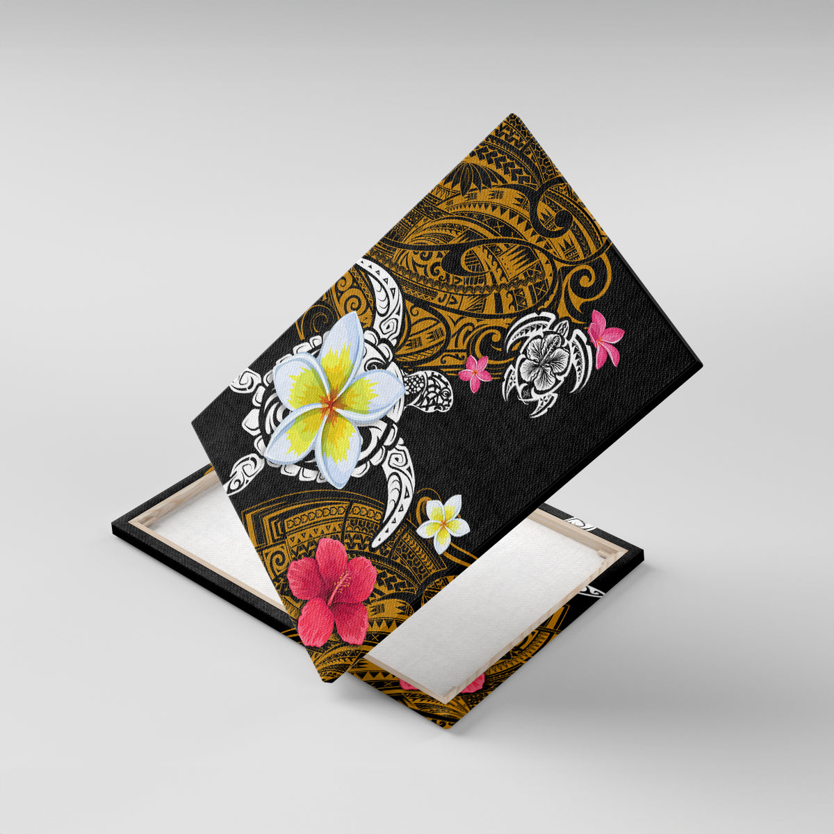 Hawaii Turtle and Tropical Flower Canvas Wall Art Polynesian Pattern LT03 With Frame Black - Polynesian Pride