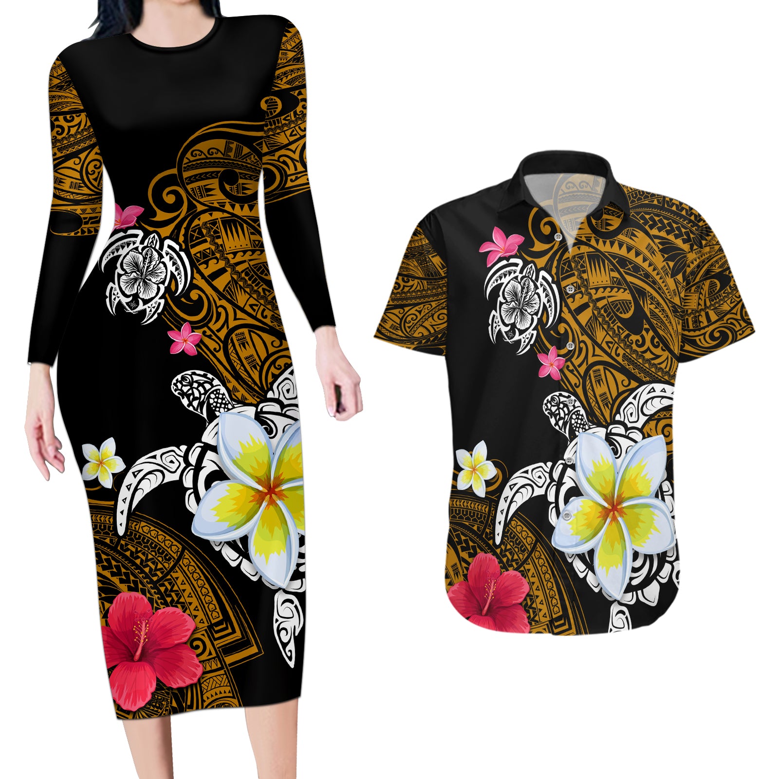 Hawaii Turtle and Tropical Flower Couples Matching Long Sleeve Bodycon Dress and Hawaiian Shirt Polynesian Pattern LT03 Black - Polynesian Pride