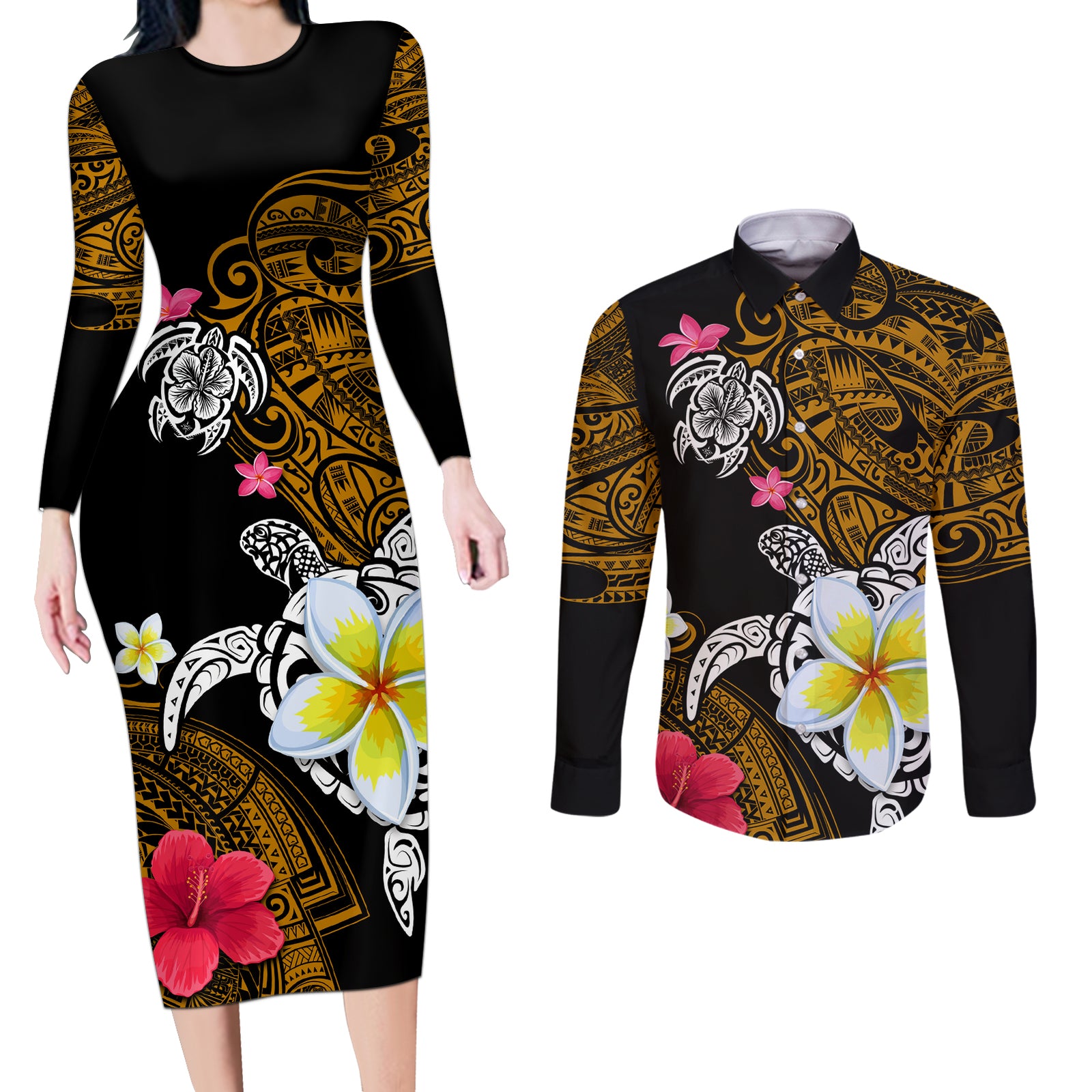Hawaii Turtle and Tropical Flower Couples Matching Long Sleeve Bodycon Dress and Long Sleeve Button Shirt Polynesian Pattern LT03 Black - Polynesian Pride