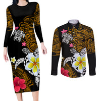Hawaii Turtle and Tropical Flower Couples Matching Long Sleeve Bodycon Dress and Long Sleeve Button Shirt Polynesian Pattern LT03 Black - Polynesian Pride