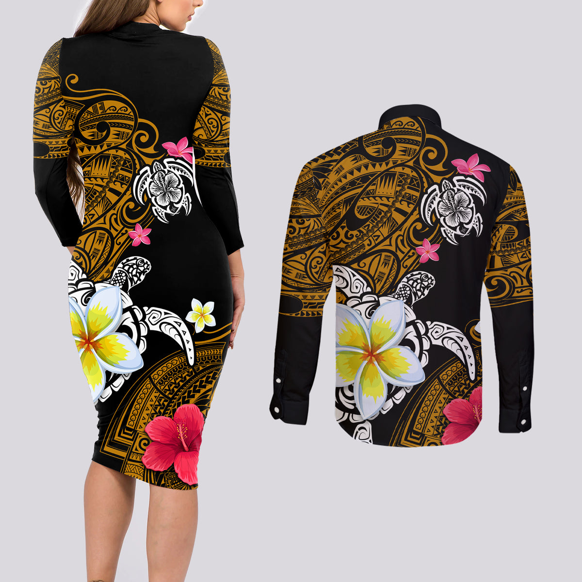 Hawaii Turtle and Tropical Flower Couples Matching Long Sleeve Bodycon Dress and Long Sleeve Button Shirt Polynesian Pattern LT03 - Polynesian Pride