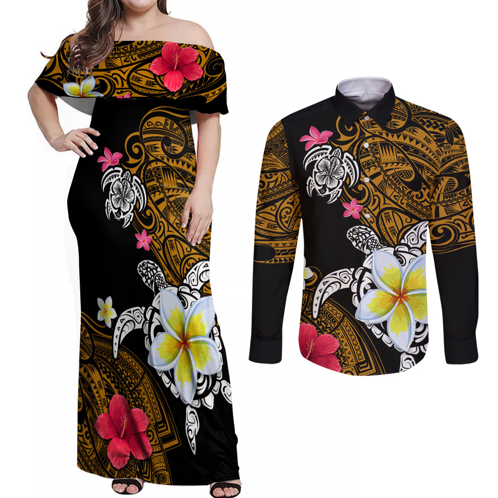 Hawaii Turtle and Tropical Flower Couples Matching Off Shoulder Maxi Dress and Long Sleeve Button Shirt Polynesian Pattern LT03 Black - Polynesian Pride