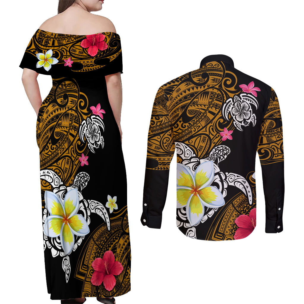 Hawaii Turtle and Tropical Flower Couples Matching Off Shoulder Maxi Dress and Long Sleeve Button Shirt Polynesian Pattern LT03 - Polynesian Pride