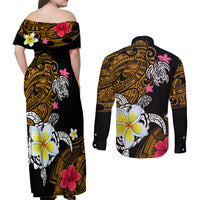 Hawaii Turtle and Tropical Flower Couples Matching Off Shoulder Maxi Dress and Long Sleeve Button Shirt Polynesian Pattern LT03 - Polynesian Pride