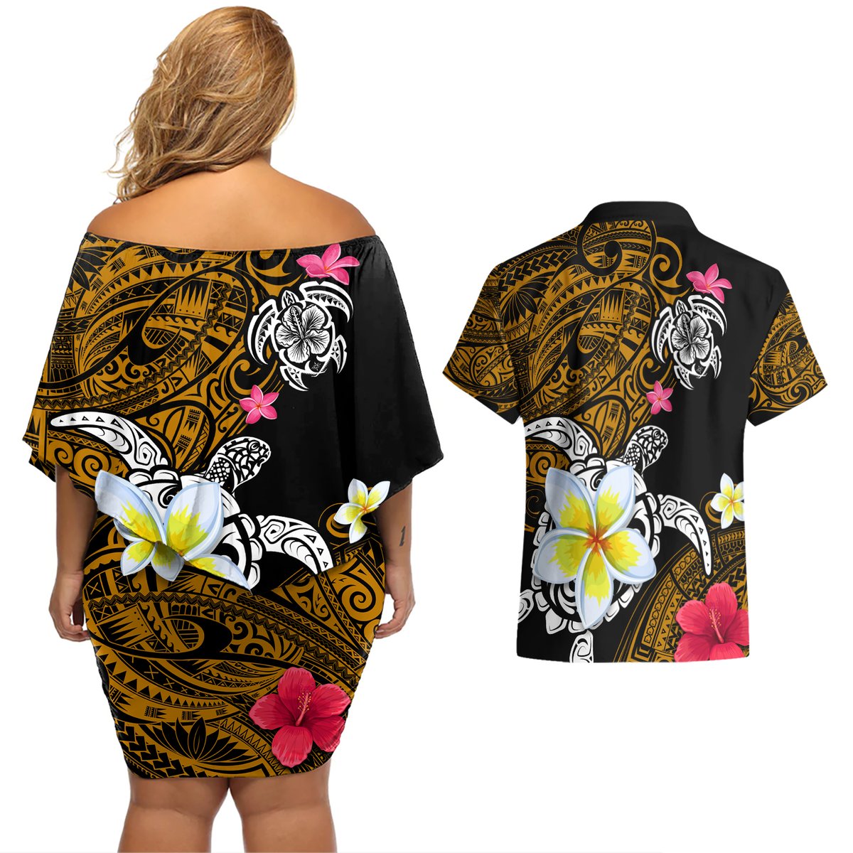 Hawaii Turtle and Tropical Flower Couples Matching Off Shoulder Short Dress and Hawaiian Shirt Polynesian Pattern LT03 - Polynesian Pride