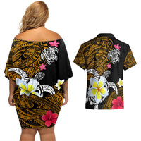 Hawaii Turtle and Tropical Flower Couples Matching Off Shoulder Short Dress and Hawaiian Shirt Polynesian Pattern LT03 - Polynesian Pride