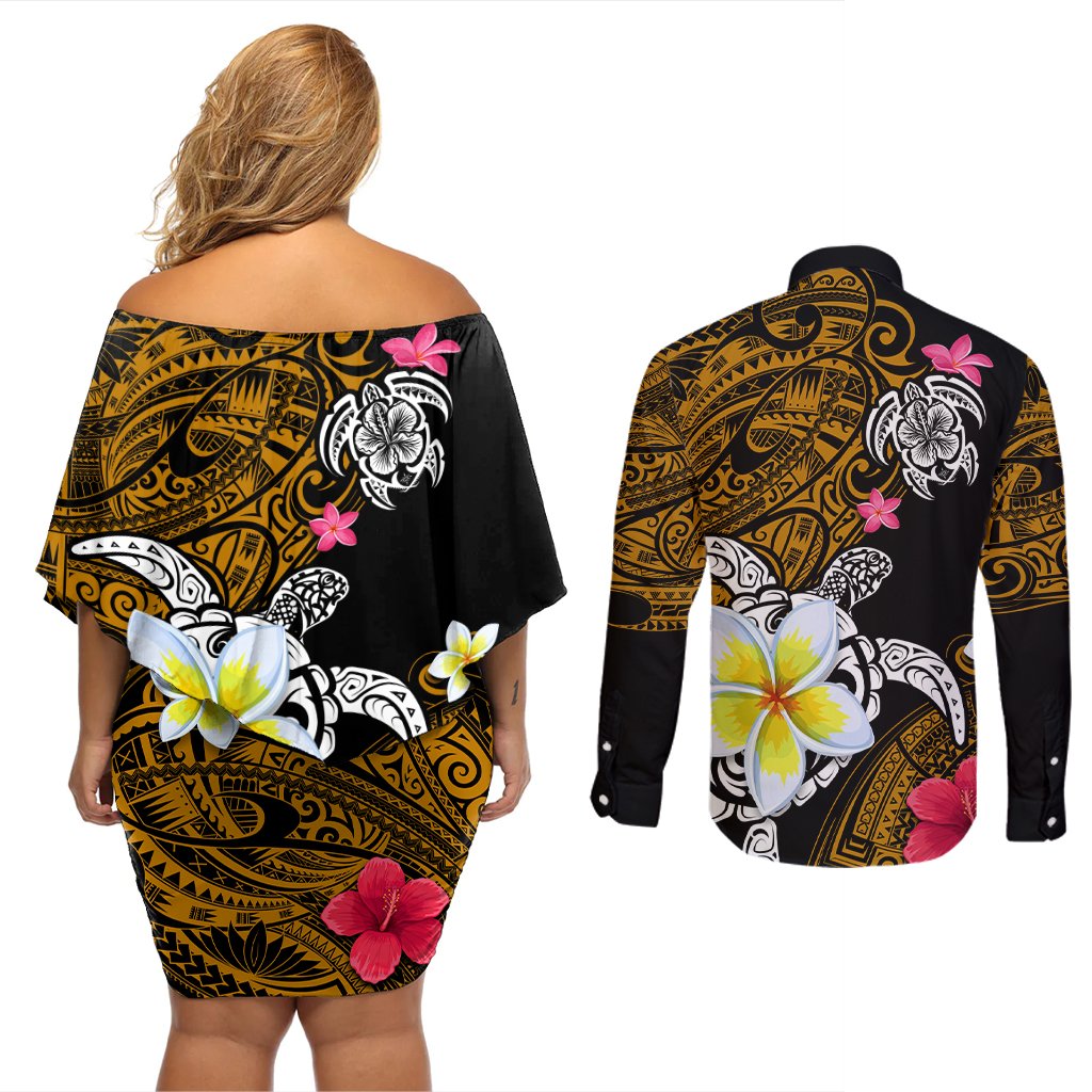Hawaii Turtle and Tropical Flower Couples Matching Off Shoulder Short Dress and Long Sleeve Button Shirt Polynesian Pattern LT03 - Polynesian Pride