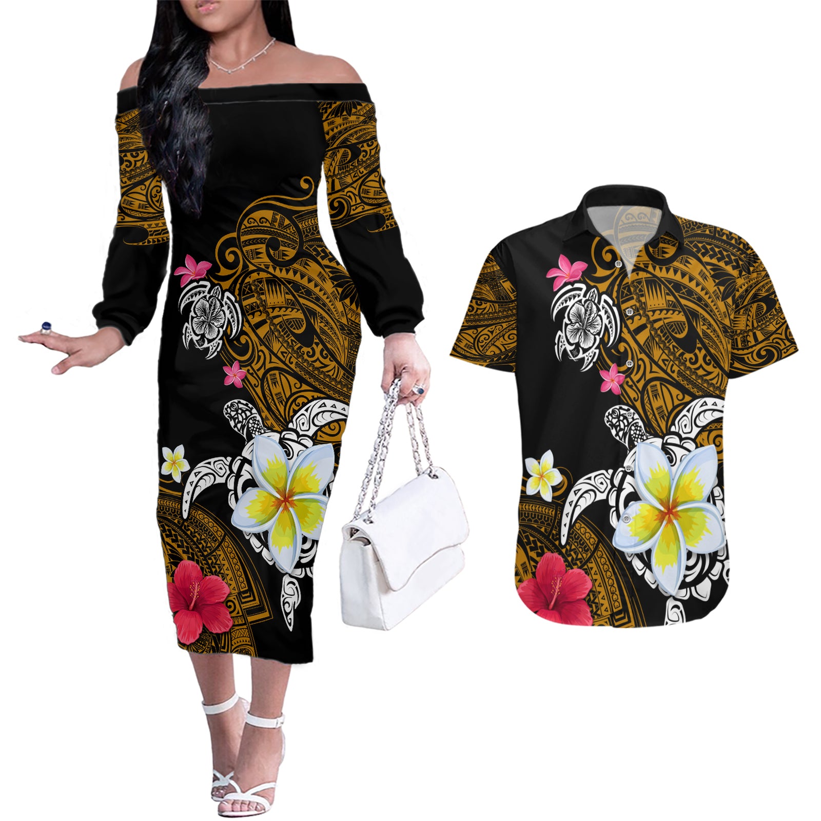 Hawaii Turtle and Tropical Flower Couples Matching Off The Shoulder Long Sleeve Dress and Hawaiian Shirt Polynesian Pattern LT03 Black - Polynesian Pride