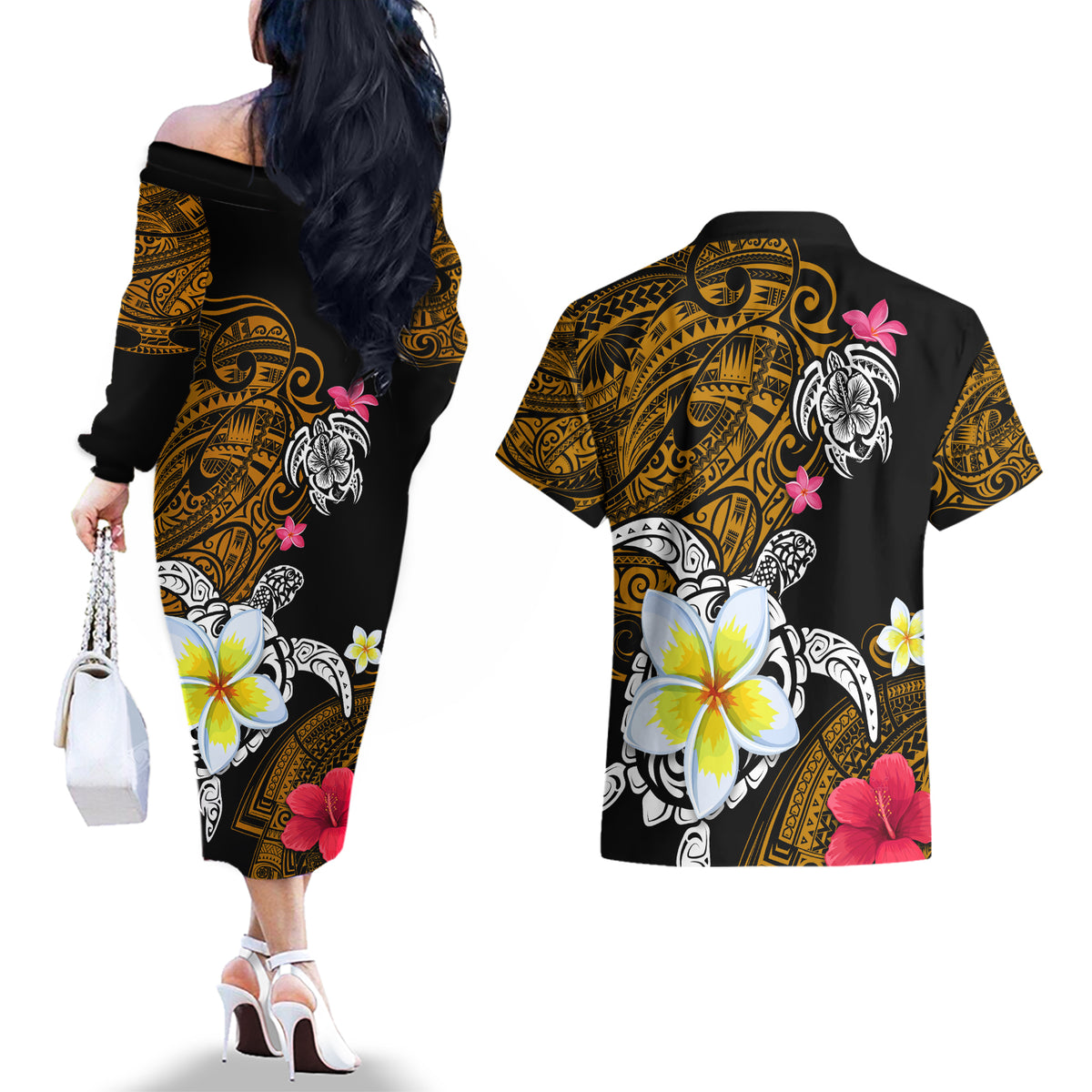 Hawaii Turtle and Tropical Flower Couples Matching Off The Shoulder Long Sleeve Dress and Hawaiian Shirt Polynesian Pattern