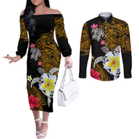 Hawaii Turtle and Tropical Flower Couples Matching Off The Shoulder Long Sleeve Dress and Long Sleeve Button Shirt Polynesian Pattern LT03 Black - Polynesian Pride