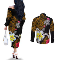 Hawaii Turtle and Tropical Flower Couples Matching Off The Shoulder Long Sleeve Dress and Long Sleeve Button Shirt Polynesian Pattern LT03 - Polynesian Pride