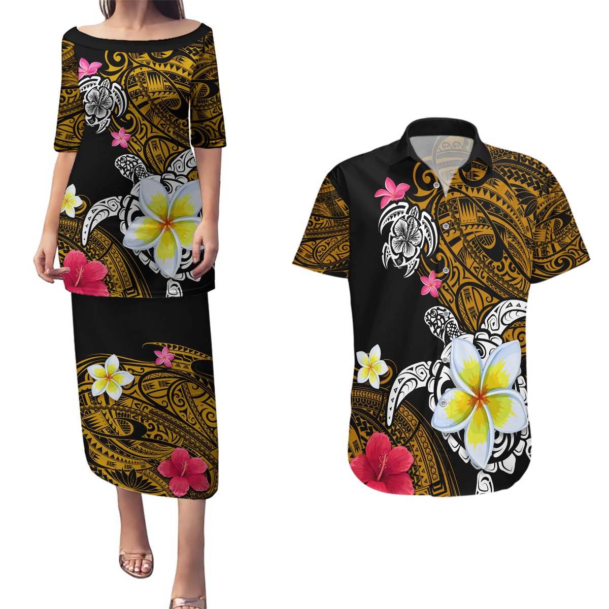 Hawaii Turtle and Tropical Flower Couples Matching Puletasi and Hawaiian Shirt Polynesian Pattern LT03 Black - Polynesian Pride