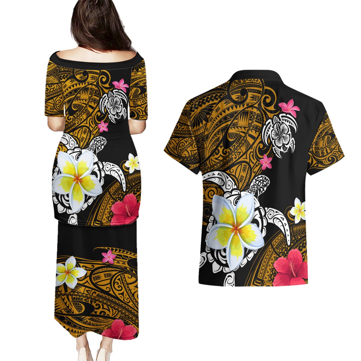 Hawaii Turtle and Tropical Flower Couples Matching Puletasi and Hawaiian Shirt Polynesian Pattern LT03 - Polynesian Pride