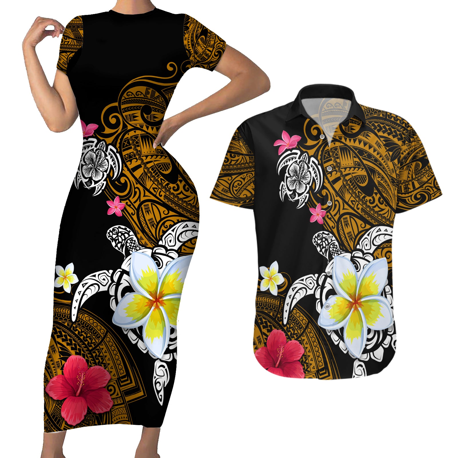 Hawaii Turtle and Tropical Flower Couples Matching Short Sleeve Bodycon Dress and Hawaiian Shirt Polynesian Pattern