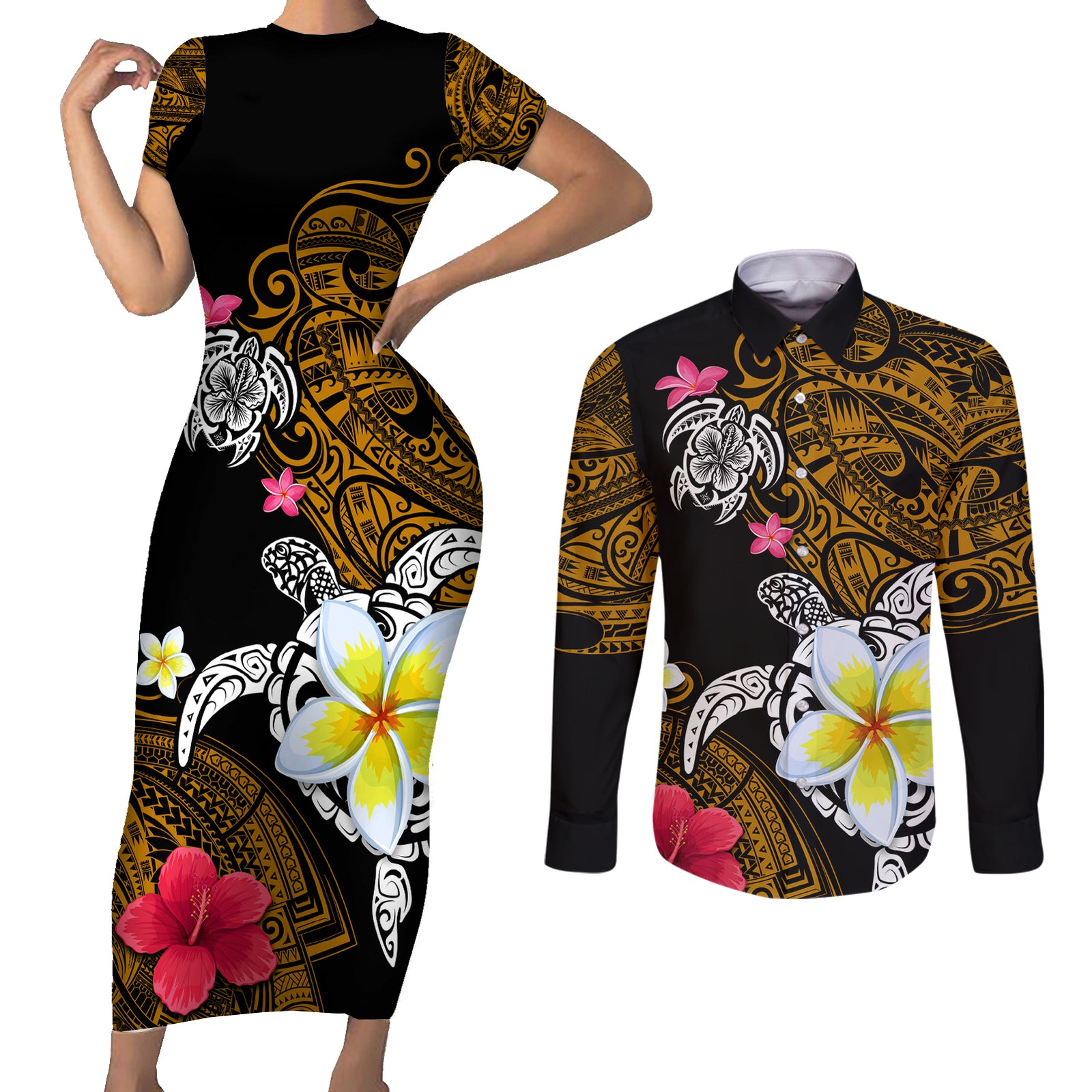 Hawaii Turtle and Tropical Flower Couples Matching Short Sleeve Bodycon Dress and Long Sleeve Button Shirt Polynesian Pattern LT03 Black - Polynesian Pride