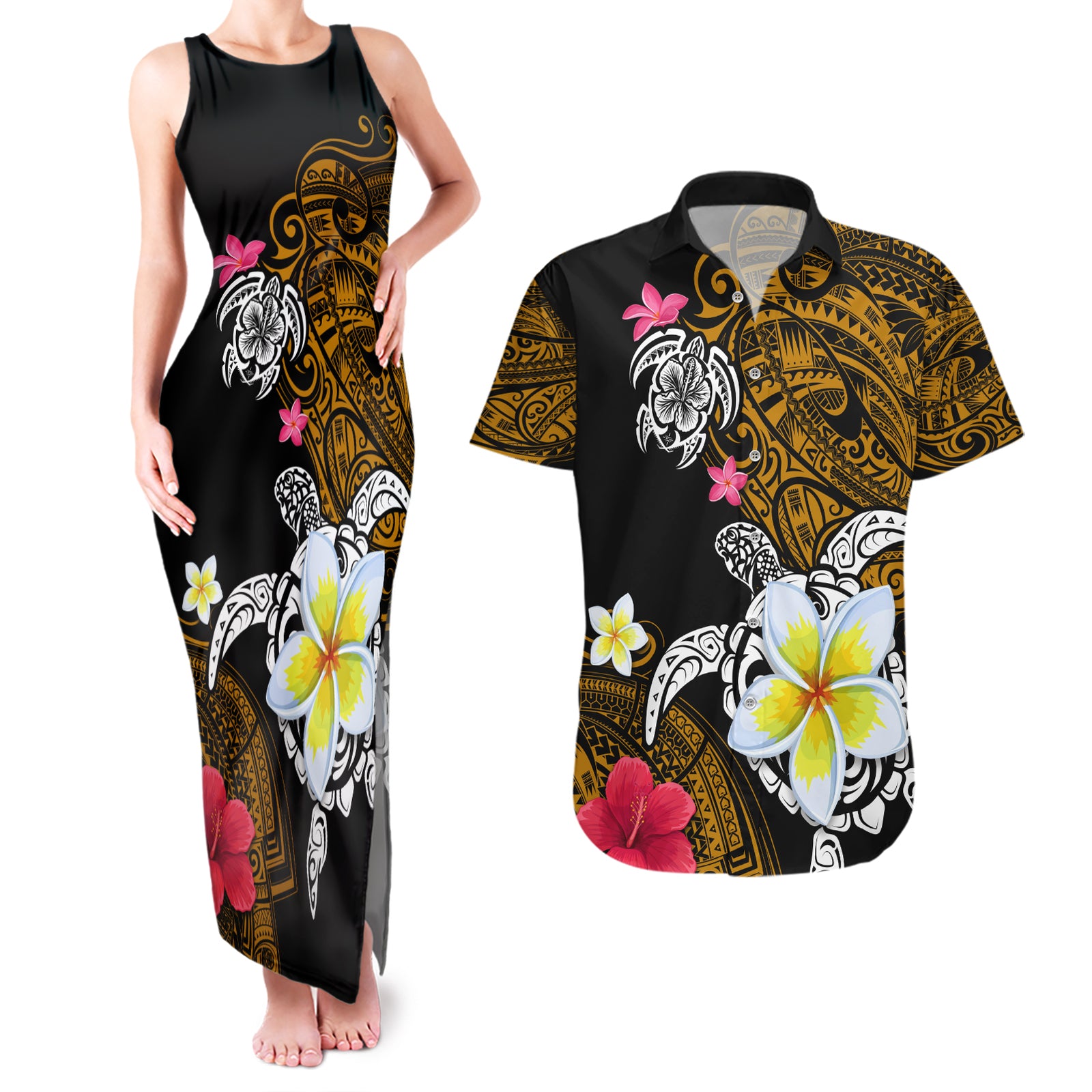 Hawaii Turtle and Tropical Flower Couples Matching Tank Maxi Dress and Hawaiian Shirt Polynesian Pattern LT03 Black - Polynesian Pride