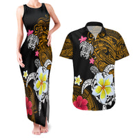Hawaii Turtle and Tropical Flower Couples Matching Tank Maxi Dress and Hawaiian Shirt Polynesian Pattern LT03 Black - Polynesian Pride