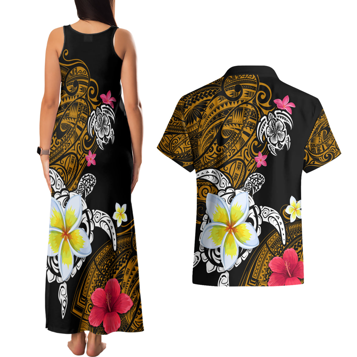 Hawaii Turtle and Tropical Flower Couples Matching Tank Maxi Dress and Hawaiian Shirt Polynesian Pattern LT03 - Polynesian Pride