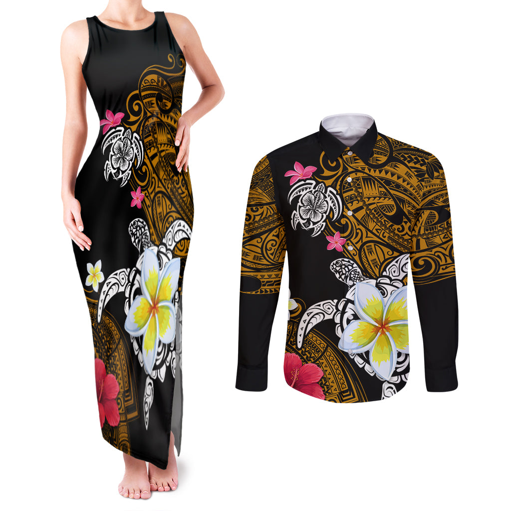 Hawaii Turtle and Tropical Flower Couples Matching Tank Maxi Dress and Long Sleeve Button Shirt Polynesian Pattern LT03 Black - Polynesian Pride