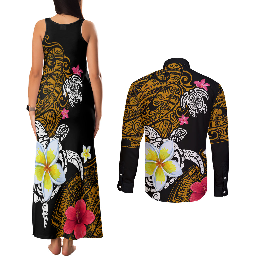 Hawaii Turtle and Tropical Flower Couples Matching Tank Maxi Dress and Long Sleeve Button Shirt Polynesian Pattern LT03 - Polynesian Pride