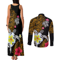 Hawaii Turtle and Tropical Flower Couples Matching Tank Maxi Dress and Long Sleeve Button Shirt Polynesian Pattern LT03 - Polynesian Pride