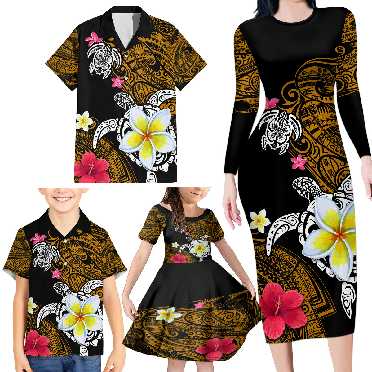 Hawaii Turtle and Tropical Flower Family Matching Long Sleeve Bodycon Dress and Hawaiian Shirt Polynesian Pattern