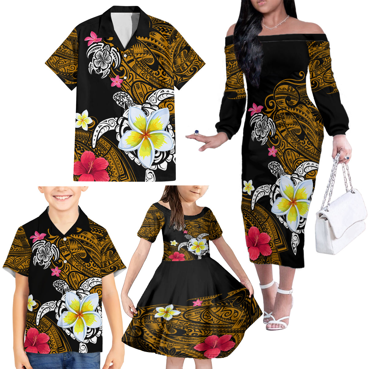 Hawaii Turtle and Tropical Flower Family Matching Off The Shoulder Long Sleeve Dress and Hawaiian Shirt Polynesian Pattern