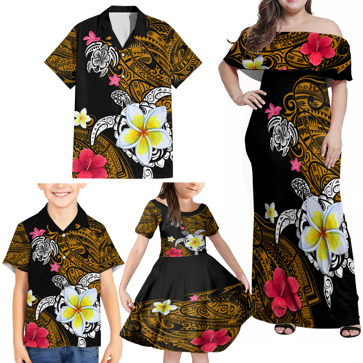 Hawaii Turtle and Tropical Flower Family Matching Off Shoulder Maxi Dress and Hawaiian Shirt Polynesian Pattern