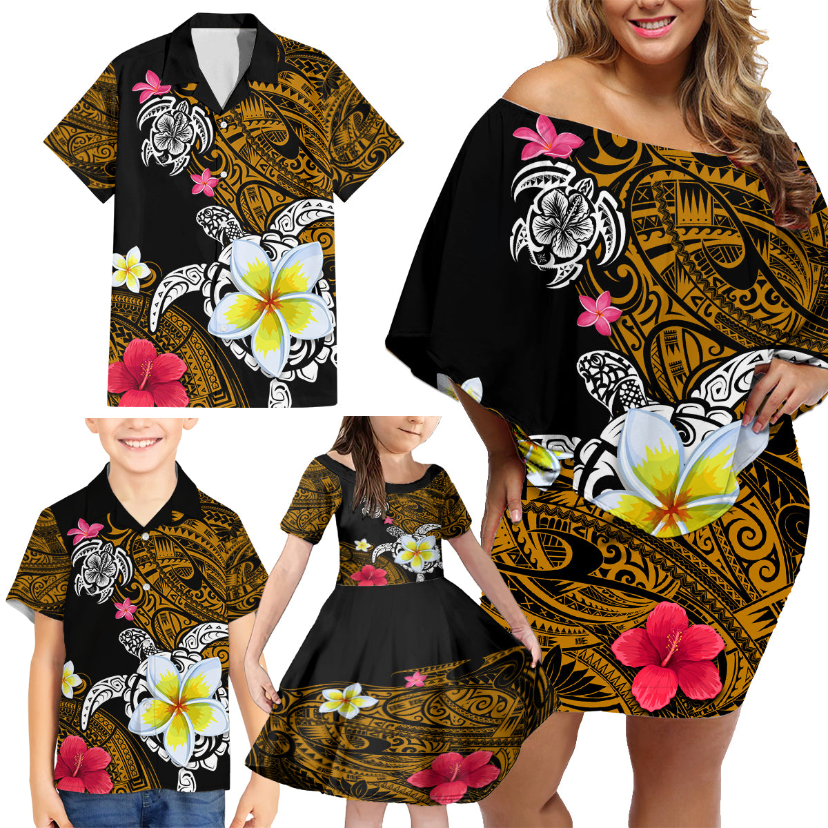 Hawaii Turtle and Tropical Flower Family Matching Off Shoulder Short Dress and Hawaiian Shirt Polynesian Pattern